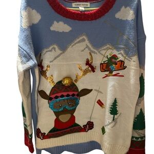 Festive Blue and Red Sweater with Reindeer Design